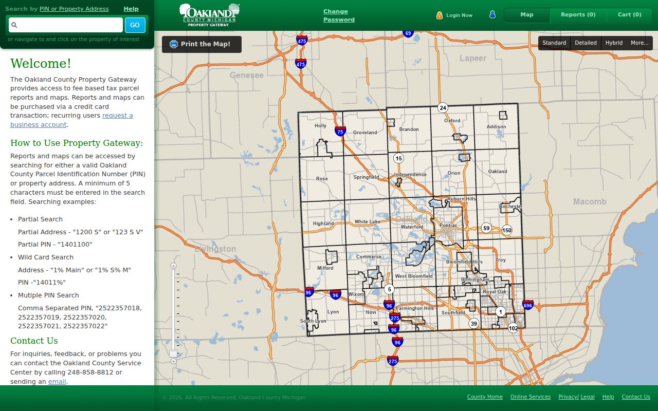 Troy street directory search in Oakland Property Gateway for parcel addresses and PINs