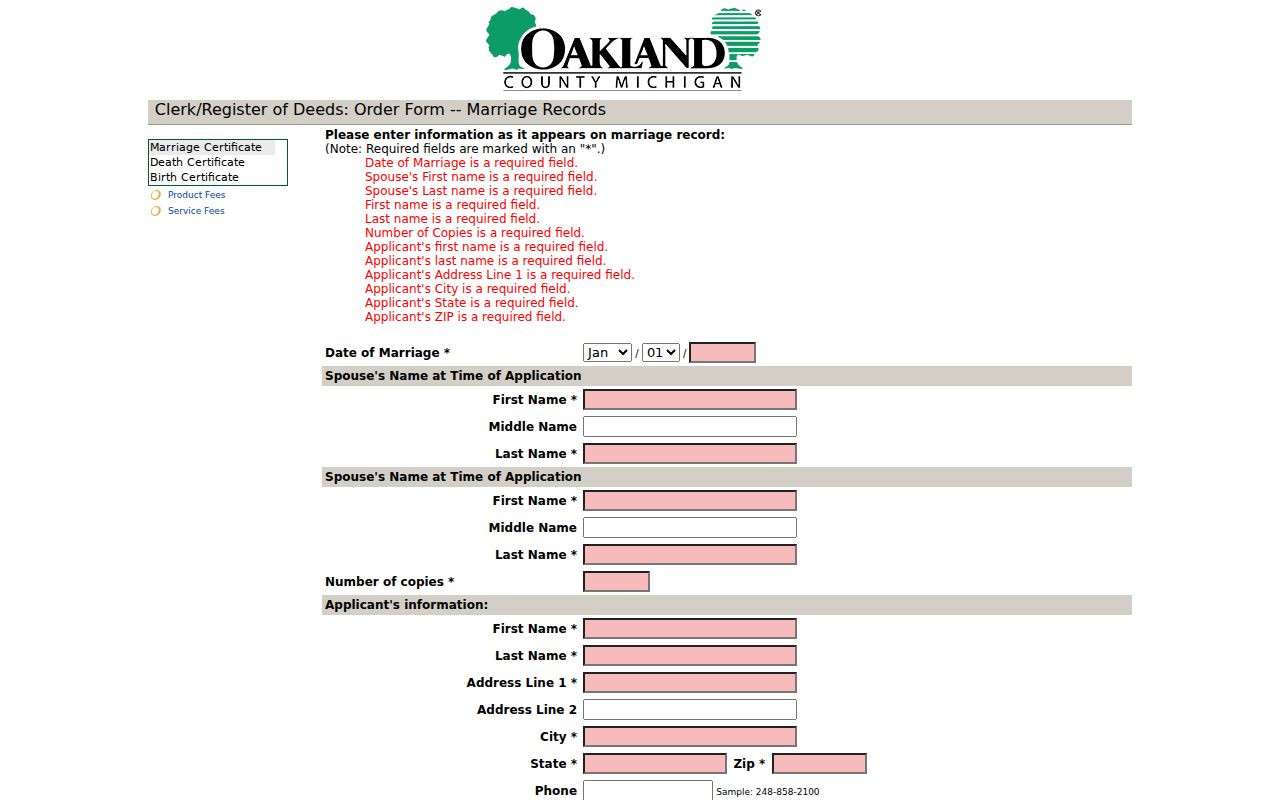 Troy residents directory Oakland County marriage-record copy form