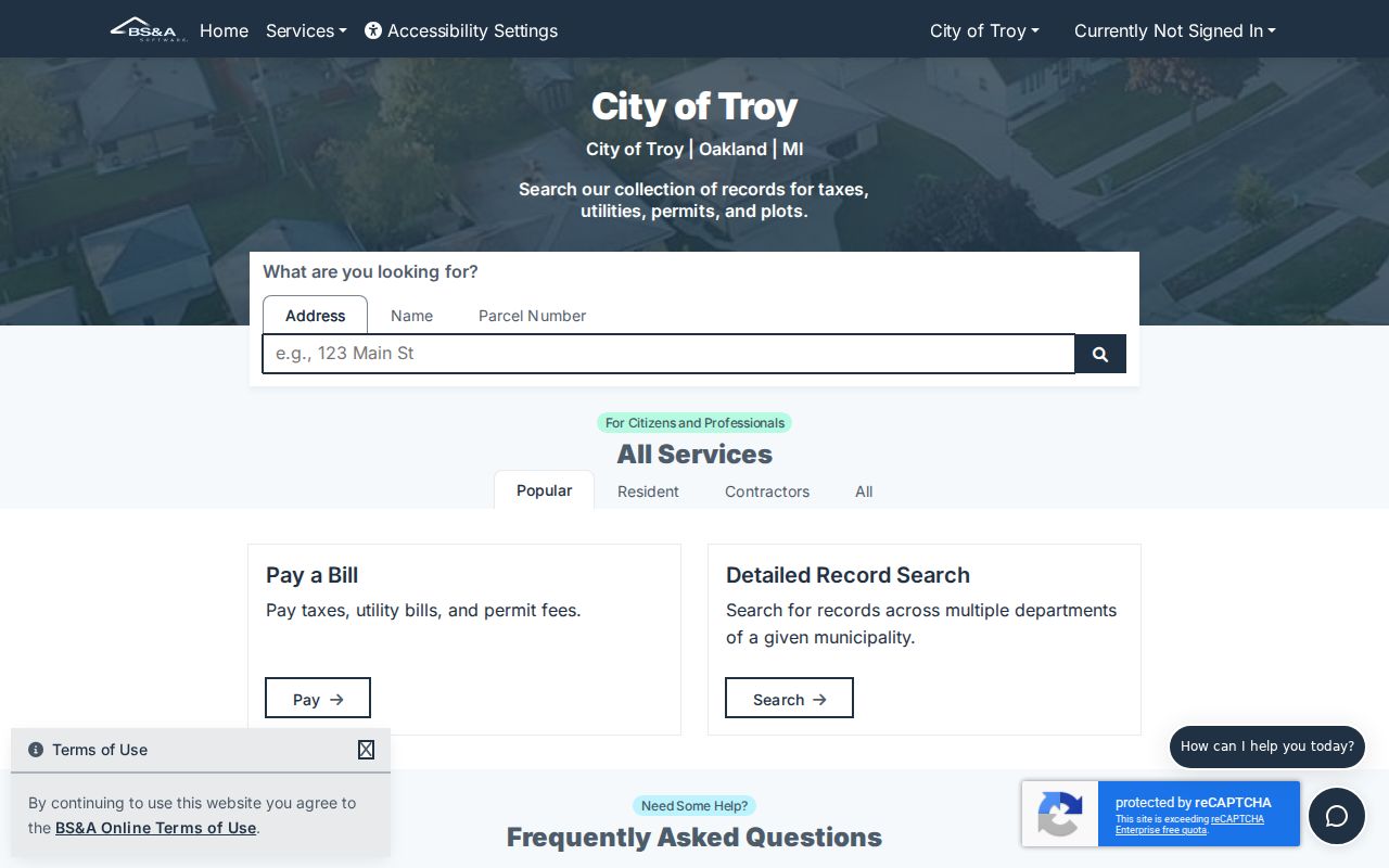 Troy residents directory BS&A property search with name, address, and parcel choices
